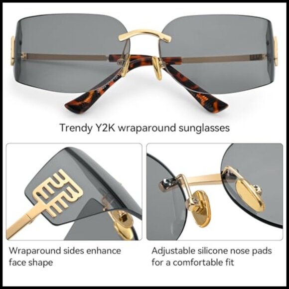 Y2K Retro Frameless Wrap Around Sunglasses Trendy Shield Rectangle Designer